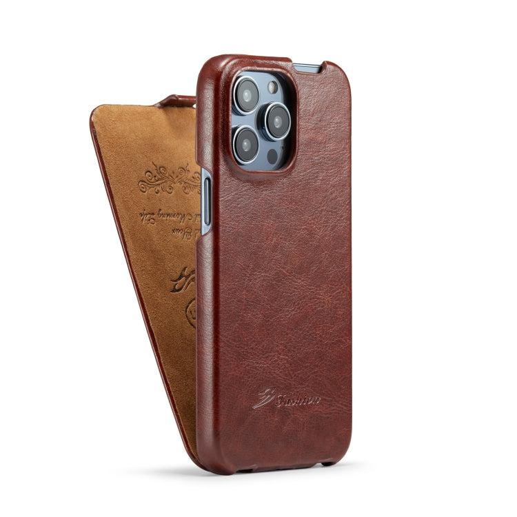 For iPhone 14 Pro Max Fierre Shann Oil Wax Texture Vertical Flip PU Phone Case (Brown) - iPhone 14 Pro Max Cases by FIERRE SHANN | Online Shopping South Africa | PMC TechLife