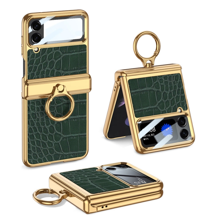 For Samsung Galaxy Z Flip4 GKK Integrated Plating + Leather Flip Phone Case(Crocodile Green) - Galaxy Z Flip4 5G Cases by GKK | Online Shopping South Africa | PMC Jewellery