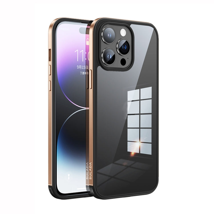 For iPhone 14 Pro SULADA Metal Frame + Nano Glass + TPU Phone Case(Champagne Gold) - free shipping - PMC TechLife - Order now!
