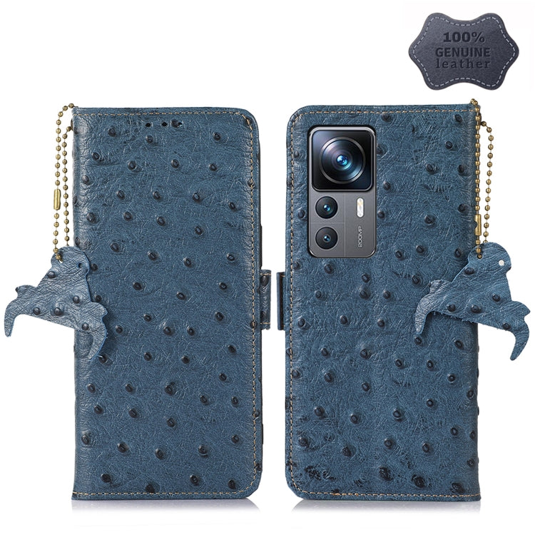For Xiaomi 12T / 12T Pro / Redmi K50 Ultra Ostrich Pattern Genuine Leather RFID Phone Case(Blue) - Xiaomi Cases by PMC TechLife | Online Shopping South Africa | PMC TechLife