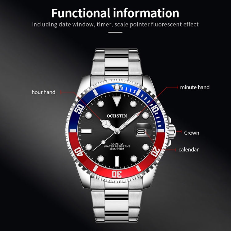 OCHSTIN 7019E Multifunctional Quartz Waterproof Luminous Steel Strap Men Watch(Blue Red+Silver) - Metal Strap Watches by OCHSTIN | Online Shopping South Africa | PMC Jewellery | Buy Now Pay Later Mobicred