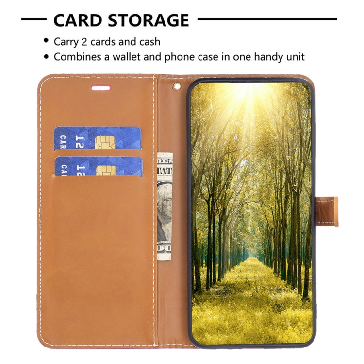 For Xiaomi Redmi 12C Color Block Denim Texture Leather Phone Case(Rose Red) - free shipping - PMC TechLife - Order now!