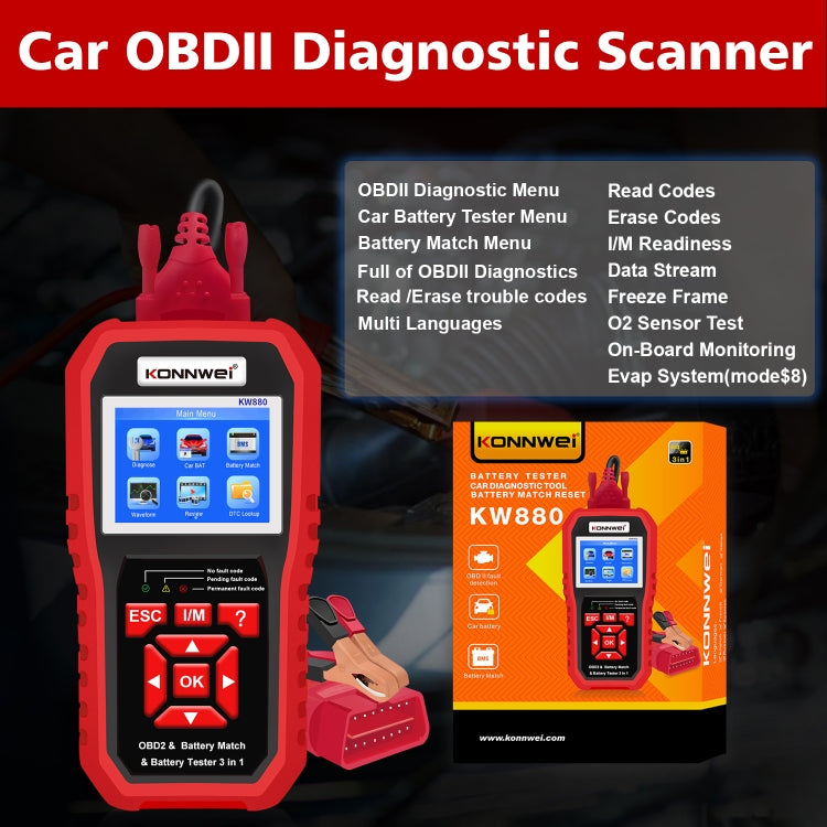 KONNWEI KW880 3 in 1 Car OBD2 Fault Diagnosis + Battery Tester + Battery Match Reset - Code Readers & Scan Tools by KONNWEI | Online Shopping South Africa | PMC Jewellery | Buy Now Pay Later Mobicred