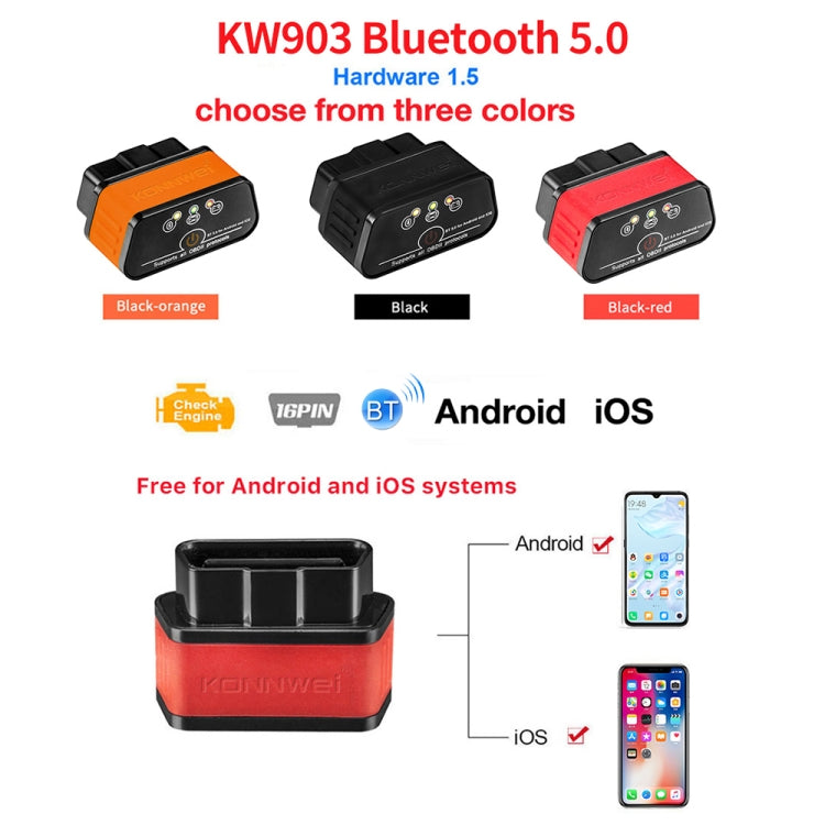 KONNWEI KW903 Bluetooth 5.0 OBD2 Car Fault Diagnostic Scan Tools Support IOS / Android(Black) - free shipping - PMC TechLife - Order now!