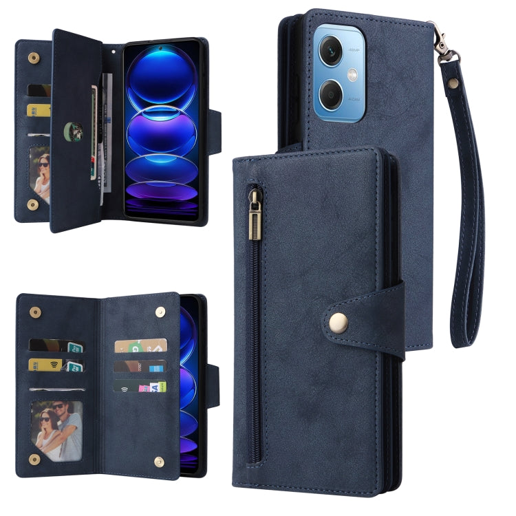 For Xiaomi Redmi Note 12 5G Global / Poco X5 Rivet Buckle 9 Cards Three Fold Leather Phone Case(Blue) - free shipping - PMC TechLife - Order now!