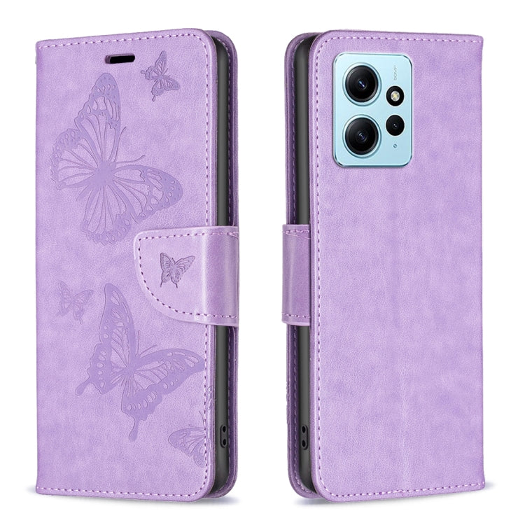 For Xiaomi Redmi Note 12 4G Global Two Butterflies Embossing Leather Phone Case(Purple) - Note 12 Cases by PMC Jewellery | Online Shopping South Africa | PMC Jewellery