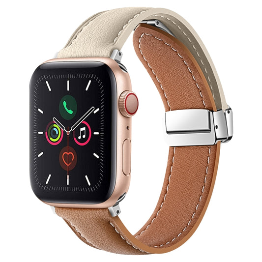 Folding Buckle Genuine Leather Watch Band For Apple Watch Ultra 49mm / Series 8&7 45mm / SE 2&6&SE&5&4 44mm / 3&2&1 42mm(White + Brown) - Smart Wear by PMC Jewellery | Online Shopping South Africa | PMC Jewellery