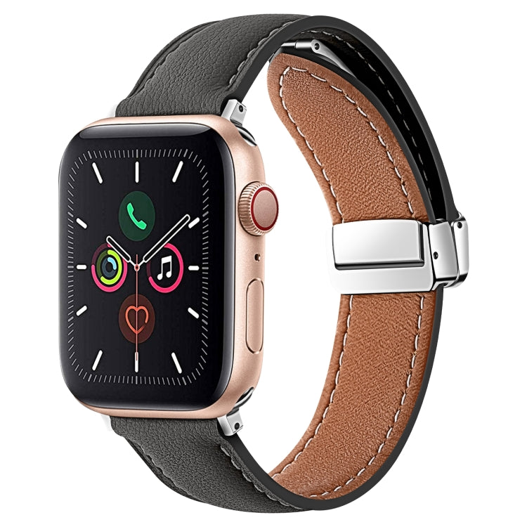 Folding Buckle Genuine Leather Watch Band For Apple Watch Series 8&7 41mm / SE 2&6&SE&5&4 40mm / 3&2&1 38mm(Black) - Smart Wear by PMC Jewellery | Online Shopping South Africa | PMC Jewellery