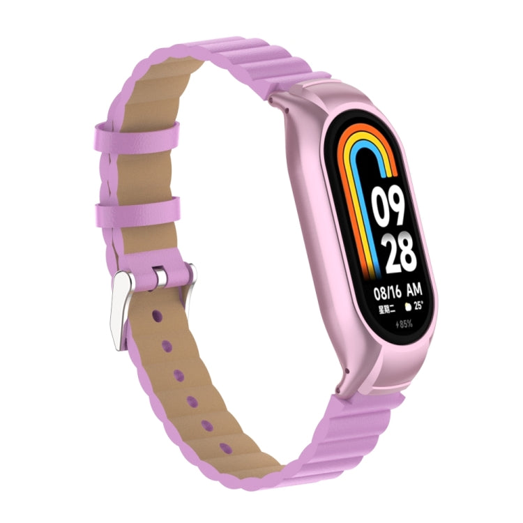 For Xiaomi Mi Band 8 Integrated Metal Case + Bamboo Leather Watch Band(Rose Pink) - Smart Wear by PMC Jewellery | Online Shopping South Africa | PMC Jewellery