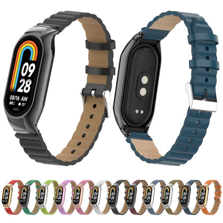 For Xiaomi Mi Band 8 Integrated Metal Case + Bamboo Leather Watch Band(White) - Smart Wear by PMC TechLife | Online Shopping South Africa | PMC TechLife