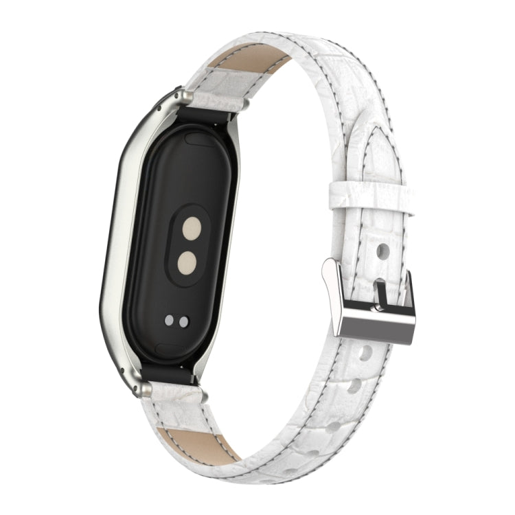 For Xiaomi Mi Band 8 Integrated Metal Case + Cocodile Texture Leather Watch Band(White) - Smart Wear by PMC TechLife | Online Shopping South Africa | PMC TechLife