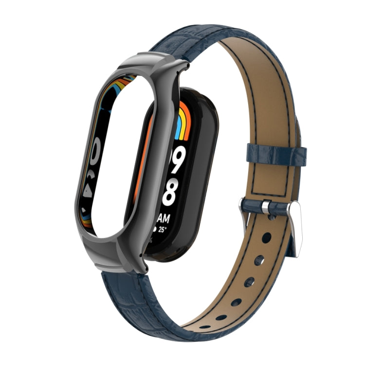 For Xiaomi Mi Band 8 Integrated Metal Case + Cocodile Texture Leather Watch Band(Blue) - Smart Wear by PMC TechLife | Online Shopping South Africa | PMC TechLife