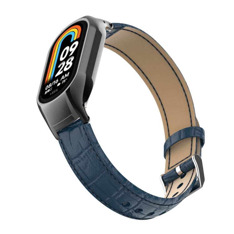 For Xiaomi Mi Band 8 Integrated Metal Case + Cocodile Texture Leather Watch Band(Blue) - Smart Wear by PMC TechLife | Online Shopping South Africa | PMC TechLife