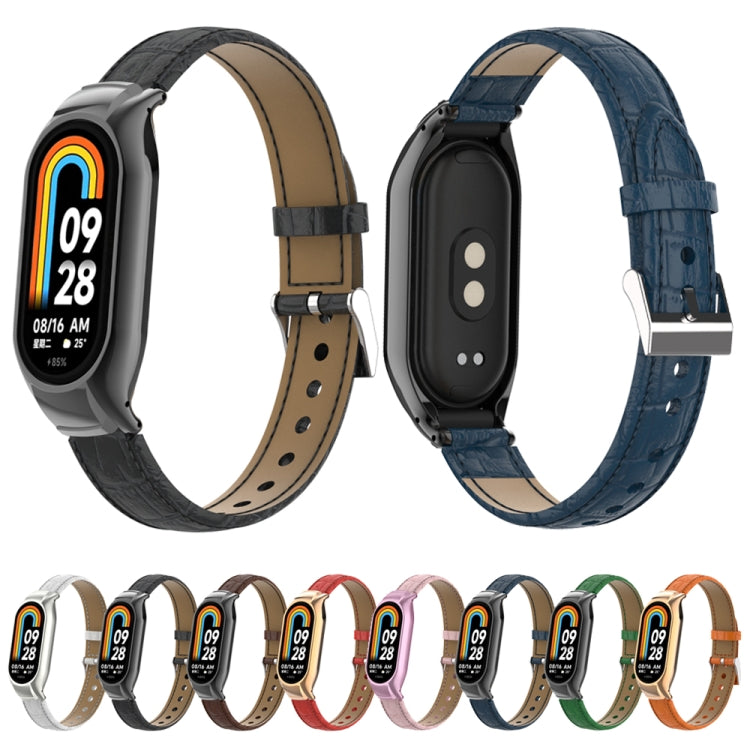 For Xiaomi Mi Band 8 Integrated Metal Case + Cocodile Texture Leather Watch Band(Orange) - Smart Wear by PMC TechLife | Online Shopping South Africa | PMC TechLife