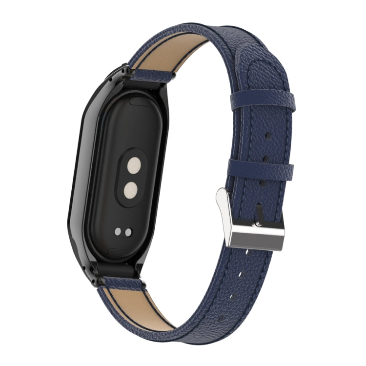 For Xiaomi Mi Band 8 Integrated Metal Case + Litchi Texture Leather Watch Band(Blue) - Smart Wear by PMC Jewellery | Online Shopping South Africa | PMC Jewellery