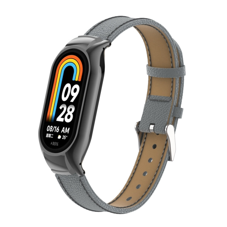For Xiaomi Mi Band 8 Integrated Metal Case + Litchi Texture Leather Watch Band(Grey) - Smart Wear by PMC TechLife | Online Shopping South Africa | PMC TechLife