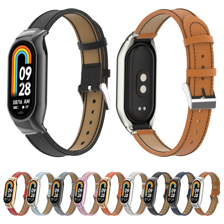For Xiaomi Mi Band 8 Integrated Metal Case + Litchi Texture Leather Watch Band(Grey) - Smart Wear by PMC TechLife | Online Shopping South Africa | PMC TechLife