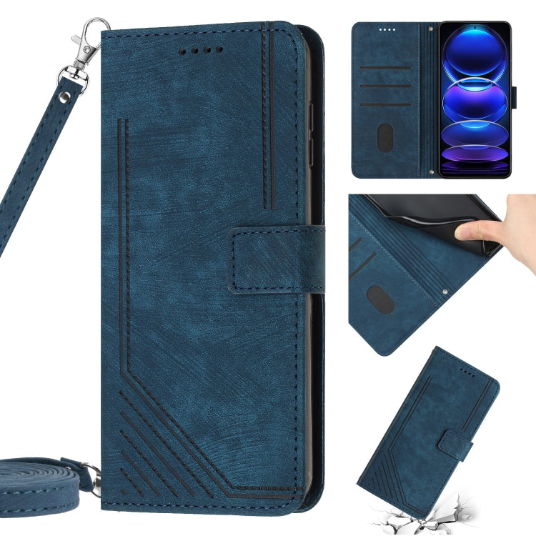 For Xiaomi Redmi Note 12 5G Global / Poco X5 5G Skin Feel Stripe Pattern Leather Phone Case with Lanyard(Blue) - free shipping - PMC TechLife - Order now!