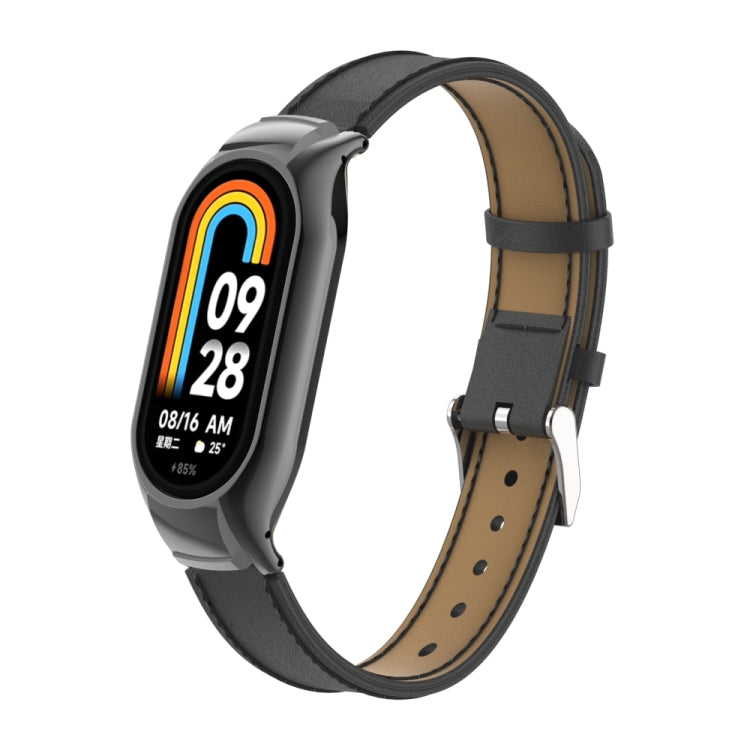 For Xiaomi Mi Band 8 Integrated Metal Case + Microfiber Sewing Leather Watch Band(Black) - Smart Wear by PMC TechLife | Online Shopping South Africa | PMC TechLife