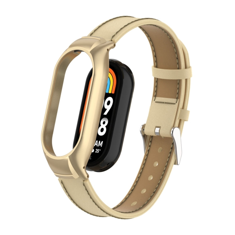 For Xiaomi Mi Band 8 Integrated Metal Case + Microfiber Sewing Leather Watch Band(Champagne) - Smart Wear by PMC TechLife | Online Shopping South Africa | PMC TechLife