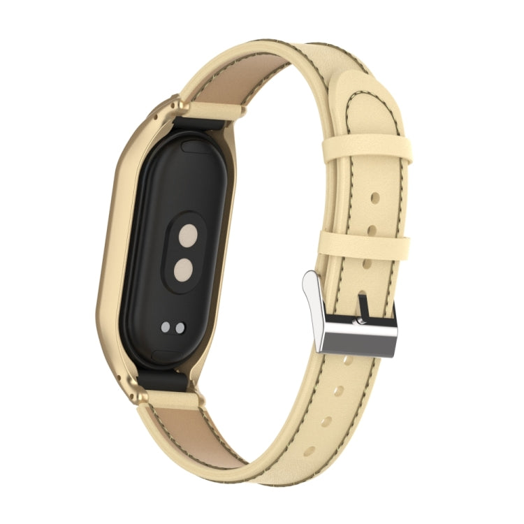 For Xiaomi Mi Band 8 Integrated Metal Case + Microfiber Sewing Leather Watch Band(Champagne) - Smart Wear by PMC TechLife | Online Shopping South Africa | PMC TechLife