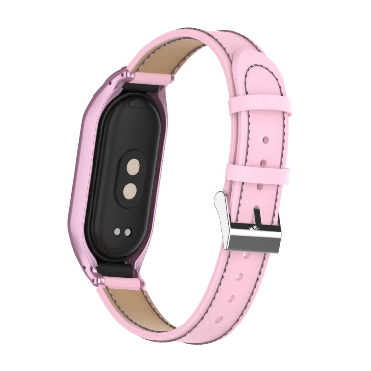For Xiaomi Mi Band 8 Integrated Metal Case + Microfiber Sewing Leather Watch Band(Pink) - Smart Wear by PMC TechLife | Online Shopping South Africa | PMC TechLife