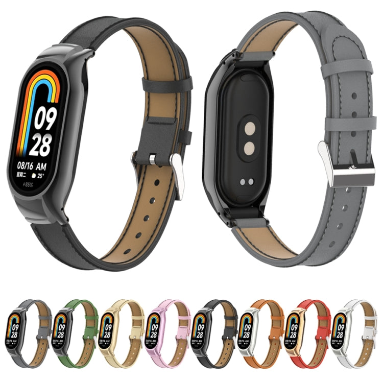 For Xiaomi Mi Band 8 Integrated Metal Case + Microfiber Sewing Leather Watch Band(Champagne) - Smart Wear by PMC TechLife | Online Shopping South Africa | PMC TechLife