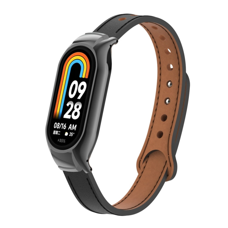 For Xiaomi Mi Band 8 Integrated Metal Case + Double Nail Microfiber Leather Watch Band(Black) - Smart Wear by PMC TechLife | Online Shopping South Africa | PMC TechLife