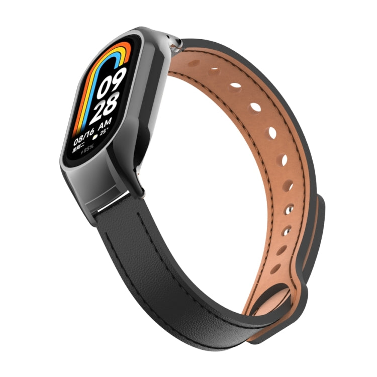 For Xiaomi Mi Band 8 Integrated Metal Case + Double Nail Microfiber Leather Watch Band(Black) - Smart Wear by PMC TechLife | Online Shopping South Africa | PMC TechLife
