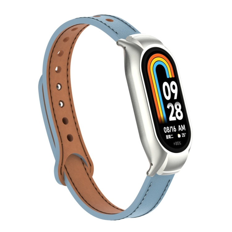 For Xiaomi Mi Band 8 Integrated Metal Case + Double Nail Microfiber Leather Watch Band(Light Blue) - Smart Wear by PMC TechLife | Online Shopping South Africa | PMC TechLife