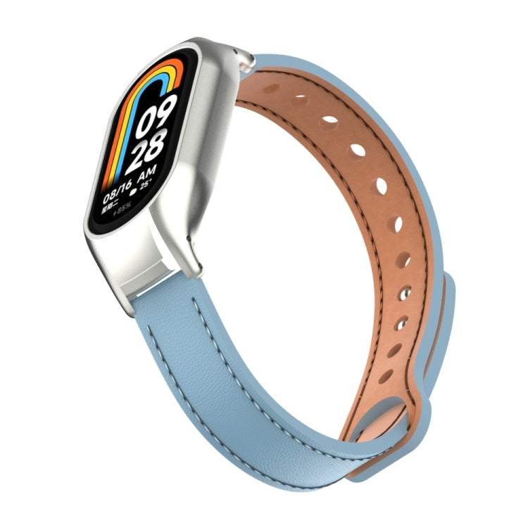 For Xiaomi Mi Band 8 Integrated Metal Case + Double Nail Microfiber Leather Watch Band(Light Blue) - Smart Wear by PMC TechLife | Online Shopping South Africa | PMC TechLife