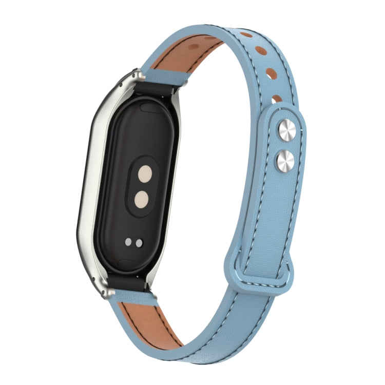 For Xiaomi Mi Band 8 Integrated Metal Case + Double Nail Microfiber Leather Watch Band(Light Blue) - Smart Wear by PMC TechLife | Online Shopping South Africa | PMC TechLife