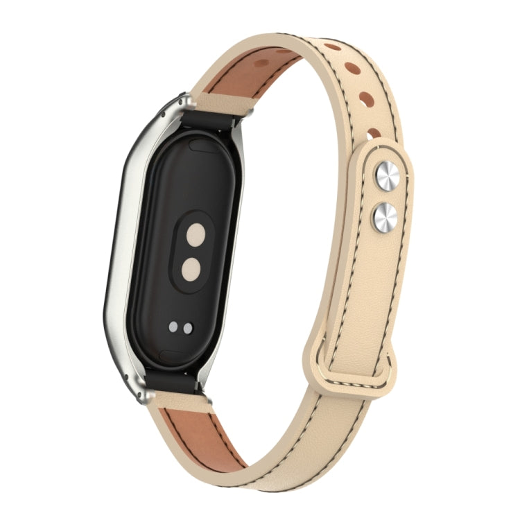 For Xiaomi Mi Band 8 Integrated Metal Case + Double Nail Microfiber Leather Watch Band(Milk Tea Color) - Smart Wear by PMC Jewellery | Online Shopping South Africa | PMC Jewellery