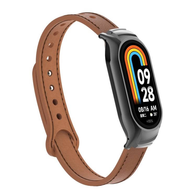 For Xiaomi Mi Band 8 Integrated Metal Case + Double Nail Microfiber Leather Watch Band(Brown) - Smart Wear by PMC Jewellery | Online Shopping South Africa | PMC Jewellery