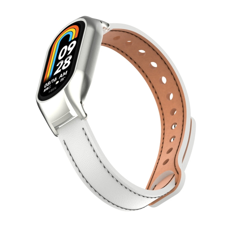 For Xiaomi Mi Band 8 Integrated Metal Case + Double Nail Microfiber Leather Watch Band(White) - Smart Wear by PMC TechLife | Online Shopping South Africa | PMC TechLife