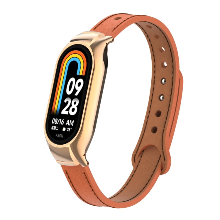 For Xiaomi Mi Band 8 Integrated Metal Case + Double Nail Microfiber Leather Watch Band(Orange) - Smart Wear by PMC TechLife | Online Shopping South Africa | PMC TechLife