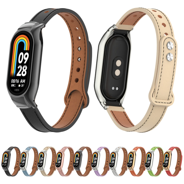 For Xiaomi Mi Band 8 Integrated Metal Case + Double Nail Microfiber Leather Watch Band(Light Blue) - Smart Wear by PMC TechLife | Online Shopping South Africa | PMC TechLife
