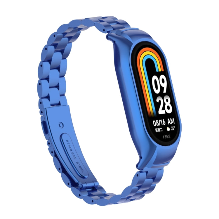 For Xiaomi Mi Band 8 Integrated Metal Case + Three-bead Watch Band(Blue) - Smart Wear by PMC TechLife | Online Shopping South Africa | PMC TechLife