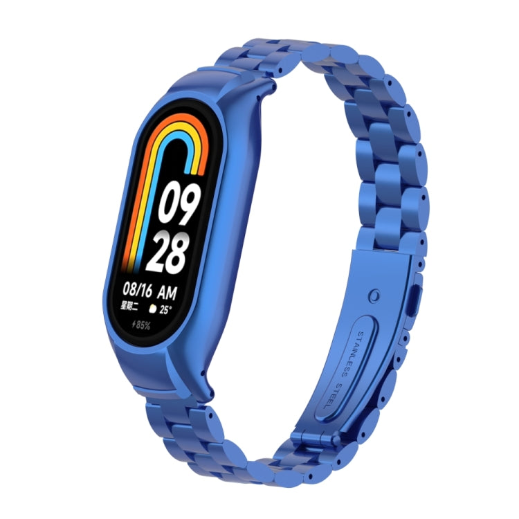 For Xiaomi Mi Band 8 Integrated Metal Case + Three-bead Watch Band(Blue) - Smart Wear by PMC TechLife | Online Shopping South Africa | PMC TechLife