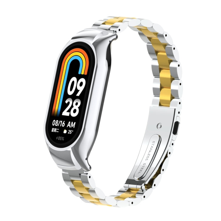 For Xiaomi Mi Band 8 Integrated Metal Case + Three-bead Watch Band(Silver+Gold) - Smart Wear by PMC TechLife | Online Shopping South Africa | PMC TechLife