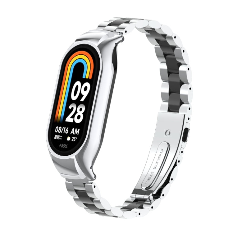 For Xiaomi Mi Band 8 Integrated Metal Case + Three-bead Watch Band(Silver+Black) - Smart Wear by PMC TechLife | Online Shopping South Africa | PMC TechLife