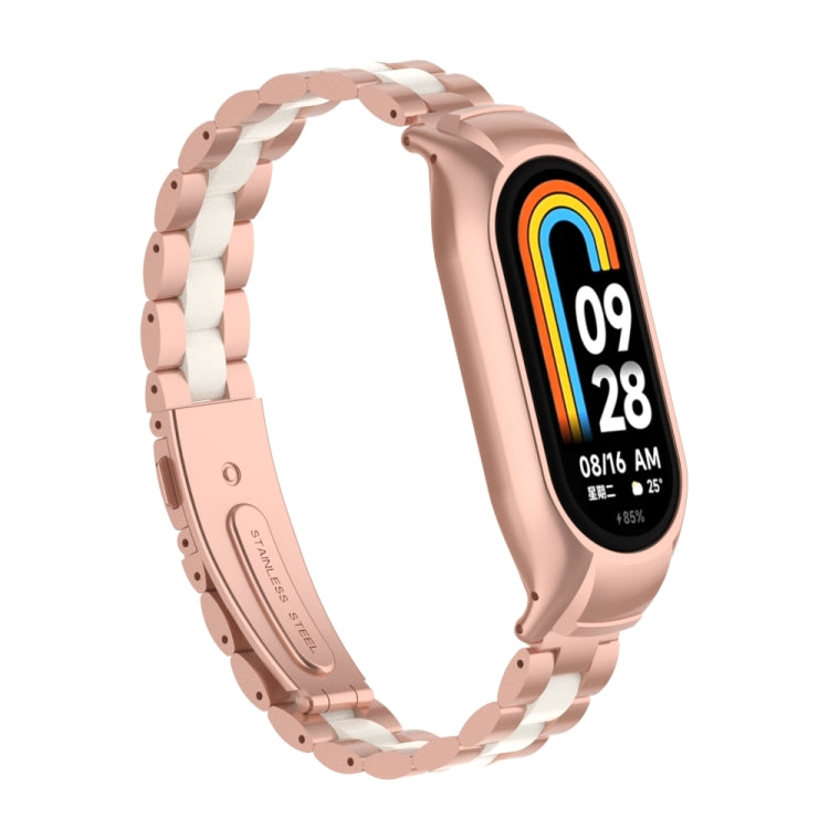 For Xiaomi Mi Band 8 Integrated Metal Case + Three-bead Watch Band(Rose Red+White) - Smart Wear by PMC TechLife | Online Shopping South Africa | PMC TechLife
