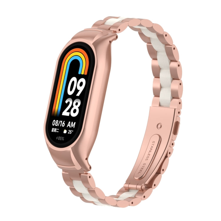 For Xiaomi Mi Band 8 Integrated Metal Case + Three-bead Watch Band(Rose Red+White) - Smart Wear by PMC TechLife | Online Shopping South Africa | PMC TechLife