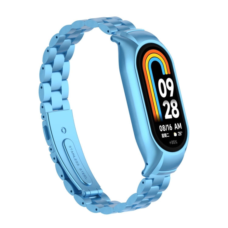 For Xiaomi Mi Band 8 Integrated Metal Case + Three-bead Watch Band(Sky Blue) - Smart Wear by PMC TechLife | Online Shopping South Africa | PMC TechLife