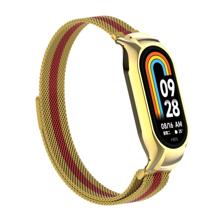 For Xiaomi Mi Band 8 Integrated Metal Case + Milanese Magnetic Watch Band(Gold+Red) - Smart Wear by PMC Jewellery | Online Shopping South Africa | PMC Jewellery