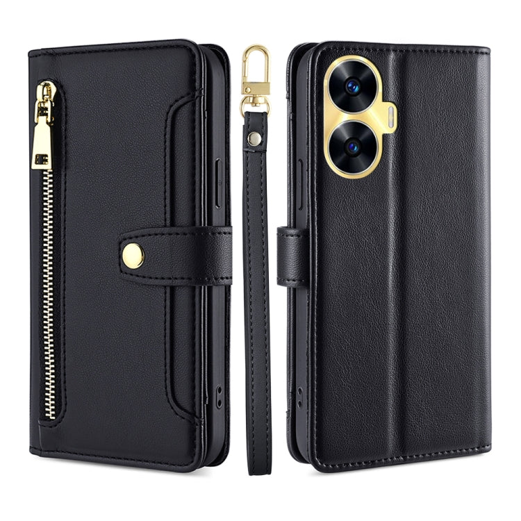 For Realme C55 4G Sheep Texture Cross-body Zipper Wallet Leather Phone Case(Black) - OPPO Cases by PMC TechLife | Online Shopping South Africa | PMC TechLife | Buy Now Pay Later Mobicred