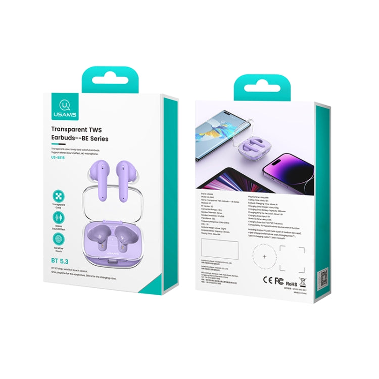 USAMS BE16 Ice Tray Series Transparent TWS In-Ear Wireless Bluetooth Earphone(Purple) - TWS Earphone by USAMS | Online Shopping South Africa | PMC Jewellery