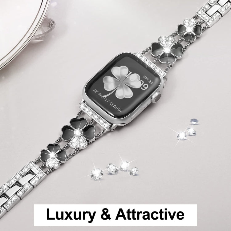 For Apple Watch 6 44mm Petal Metal Diamond Watch Band(Sliver+Black) -  by PMC Jewellery | Online Shopping South Africa | PMC Jewellery