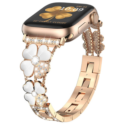 For Apple Watch 5 44mm Petal Metal Diamond Watch Band(Rose Gold+White) -  by PMC Jewellery | Online Shopping South Africa | PMC Jewellery