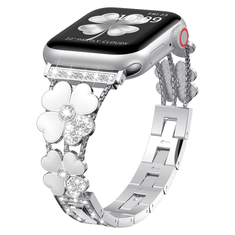 For Apple Watch 5 44mm Petal Metal Diamond Watch Band(Sliver+White) -  by PMC Jewellery | Online Shopping South Africa | PMC Jewellery